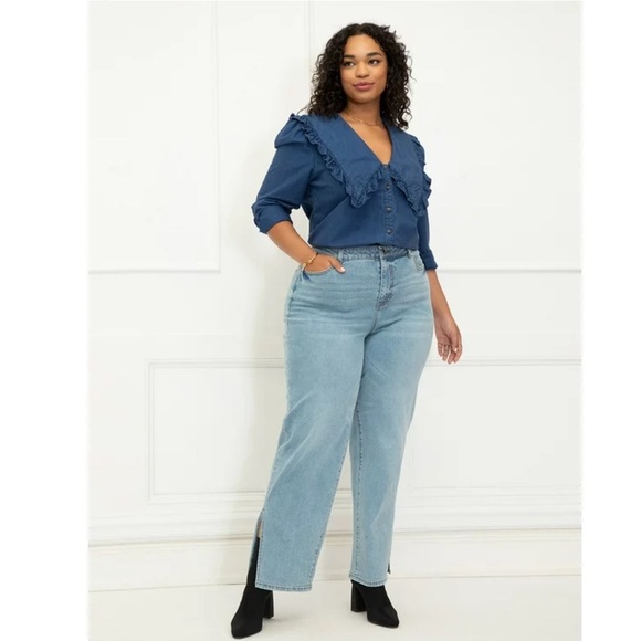 ELOQUII Elements Women's Plus Size Chambray Shirt with Oversized Collar - Picture 5 of 5